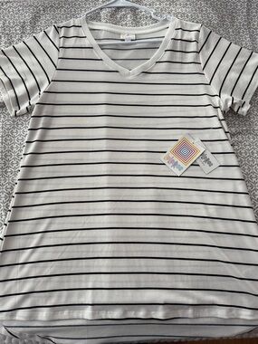 LuLaRoe (Christy) White and Black Striped V-Neck Tee